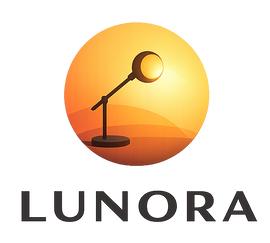 Logo of LUNORA with a stylized lamp against an orange sunset background
